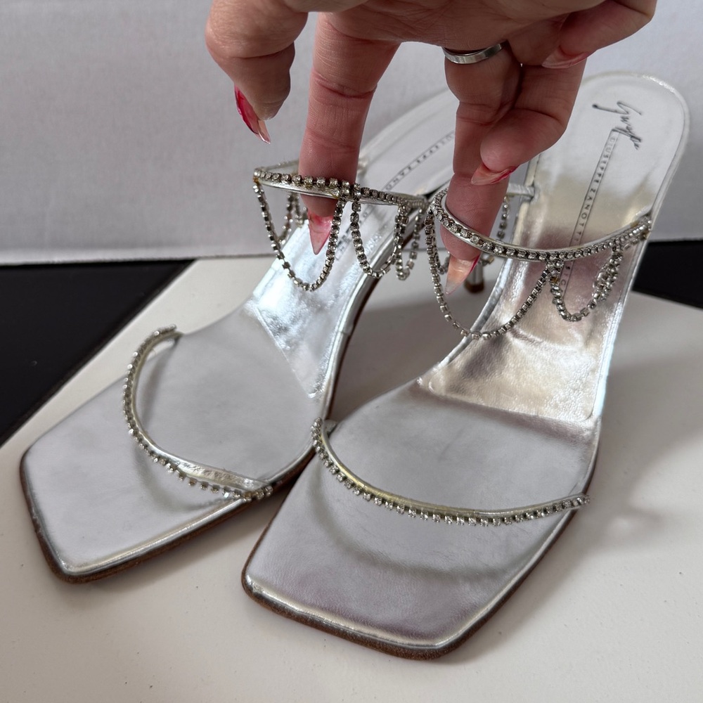 Giuseppe Zanotti silver rhinestone chain slide heels with square toes size 39